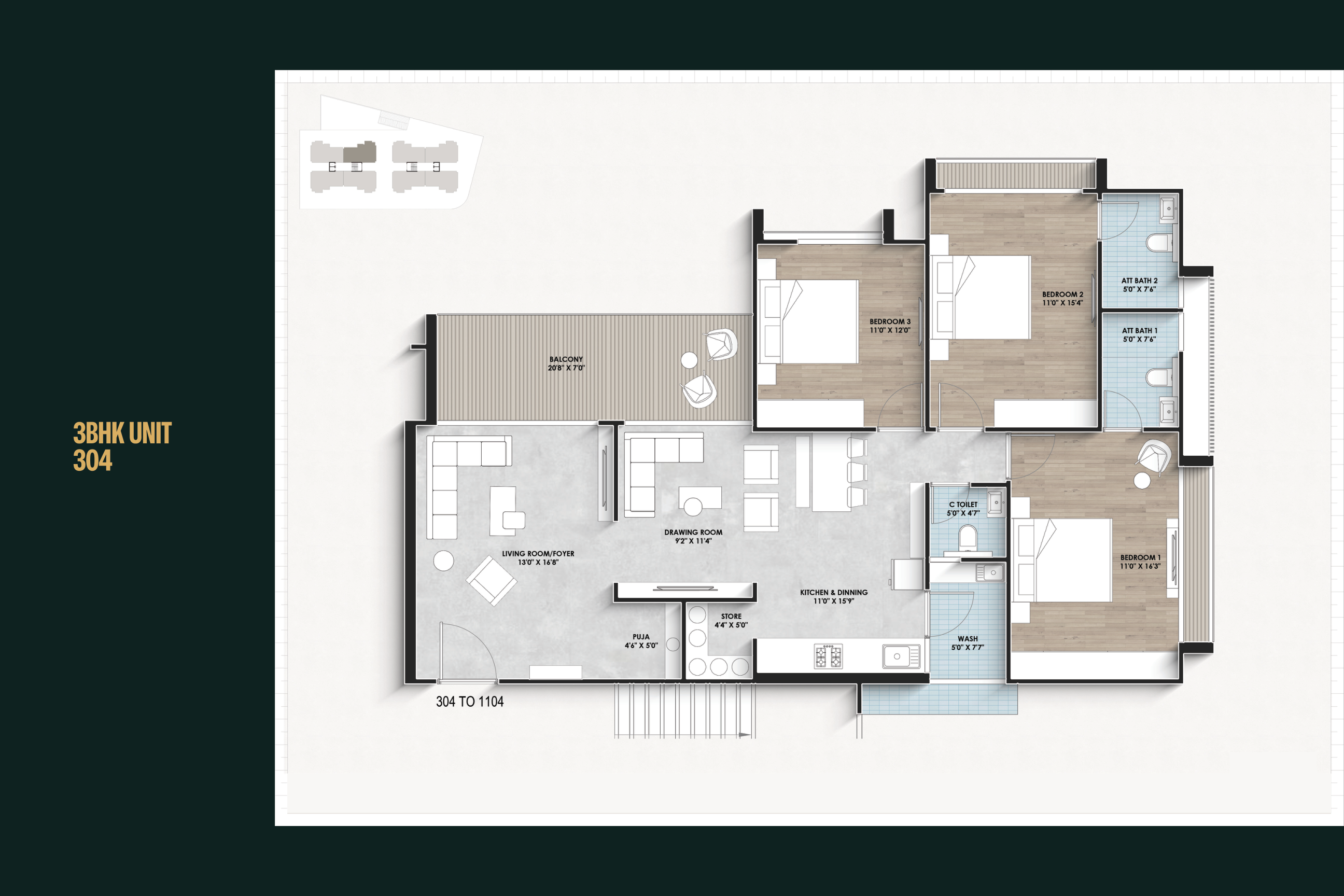 Ariva 3 BHK unit 304 plan