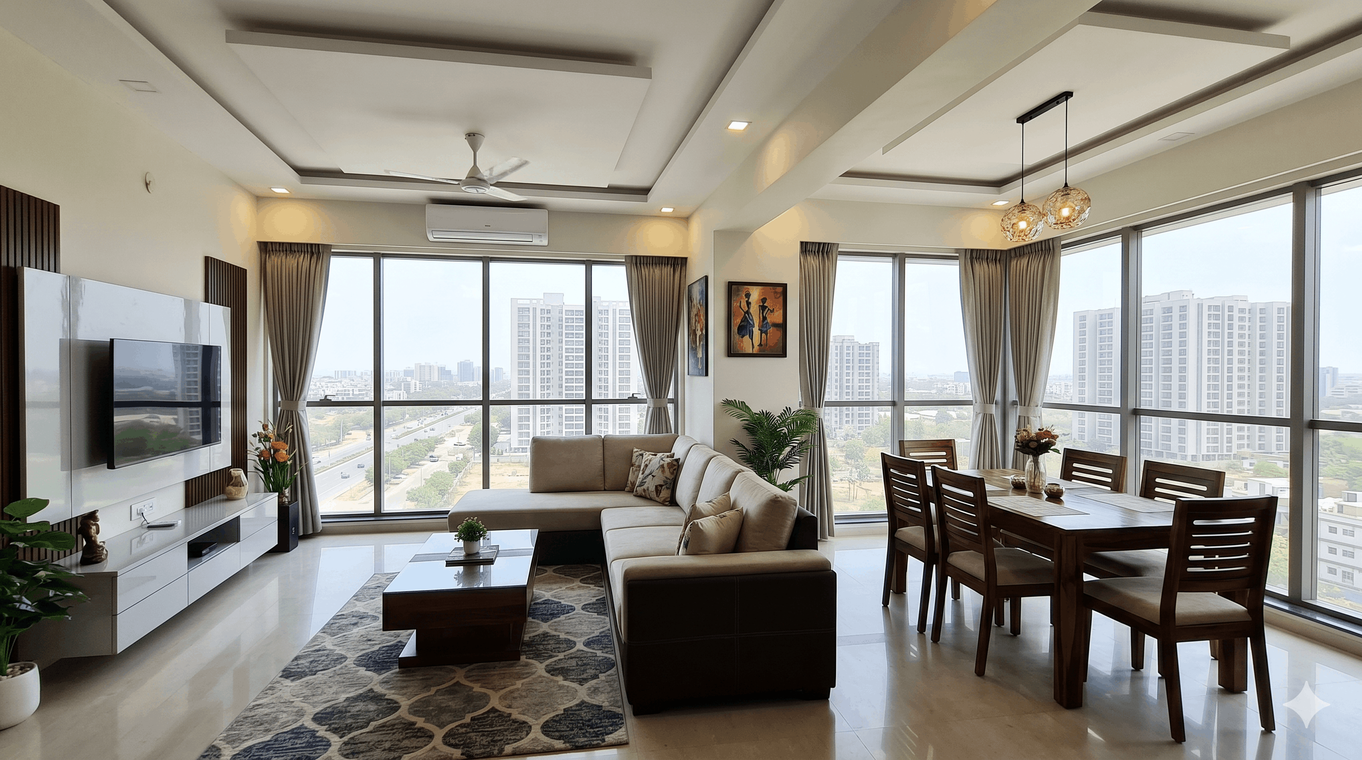 Spacious 3BHK living and dining interior near Sargasan circle, Gandhinagar