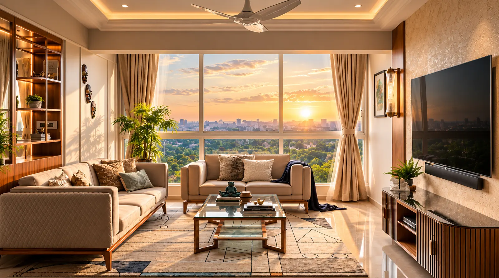Bright living room of a 3 BHK flat in Sargasan, Gandhinagar