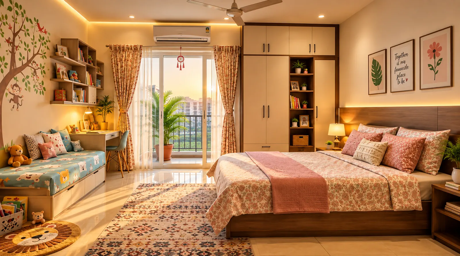 Comfortable bedroom with its own balcony in a 3 BHK near the Gandhinagar Metro